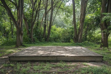 Fototapeta premium A rustic, empty outdoor stage surrounded by trees, with a wooden platform and a simple backdrop. 