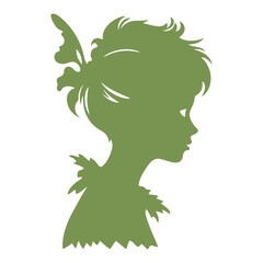A green silhouette of a young girl with long, flowing hair, fairy