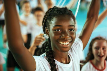 Badminton team celebrate scoring a point, joy and teamwork. Teenagers players sport game.