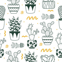 Doodle cactus seamless pattern. Cacti in decorative pots, house garden succulents fabric print design. Wrapping or wallpaper neoteric vector template