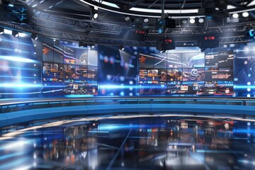 A modern news studio set with a curved stage and numerous screens displaying various information, ready to broadcast the latest news.