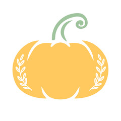 A yellow pumpkin with a green stem and leaves, surrounded by a decorative wreath