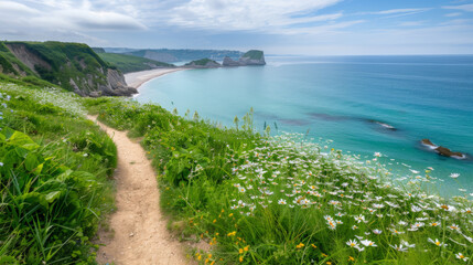 Discover a hidden beach along a scenic coastal path lined with lush greenery and wildflowers on a summer hiking trail.