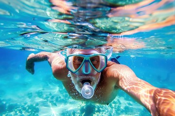 Fototapeta premium A senior man wearing a snorkel and mask swims underwater in clear, turquoise waters, with sunbeams filtering through the surface.