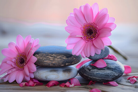 Drie Zen stenen op oud hout met bloemen