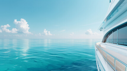 Luxurious yacht with metallic sheen sailing on crystal-clear blue ocean under sunny sky.