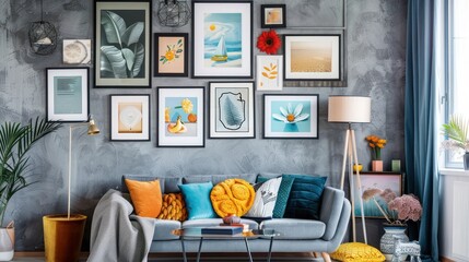 Home decor concept with a gallery wall of framed artwork and photographs.