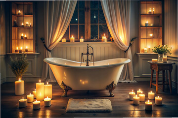 A bathroom with a large bathtub filled with candles and a rug on the floor