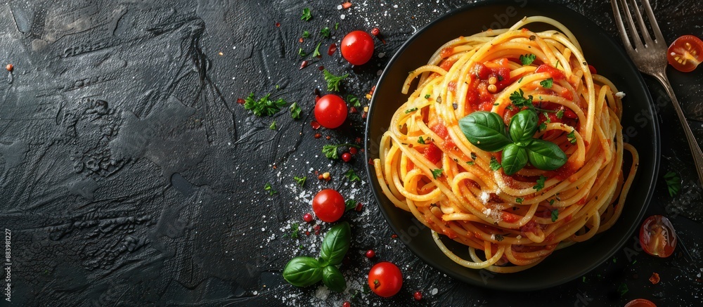 Sticker Spaghetti with Tomato Sauce and Basil on Black Plate