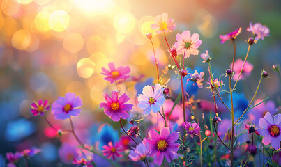Colorful flower meadow with sunbeams and bokeh lights, perfect for summer greeting cards and nature backgrounds