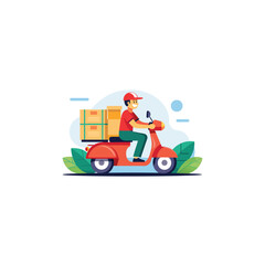 Pizza motorbike delivery. Urban landscape with food courier driving bike fast delivery vector concept. Illustration of motorbike delivery, fast service deliver