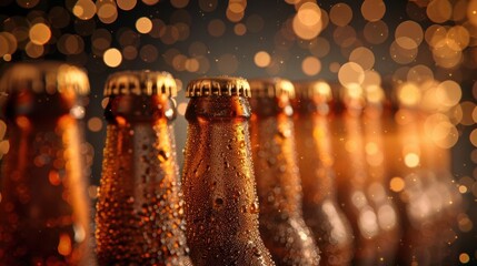 Close-up of chilled beer bottles with condensation, set against a bokeh background, ideal for beverage, celebration, and party themes.