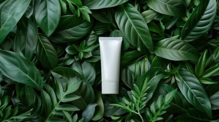 Minimalist white cosmetic tube surrounded by lush green leaves, representing natural beauty and eco-friendly skincare products.