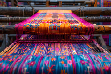 A traditional loom with a colorful tapestry in progress. Concept of textile arts and cultural heritage. 