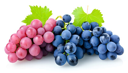 Fototapeta premium green pink and blue grapes with leaves isolated on the white background
