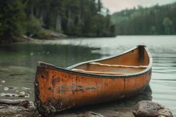 A weathered canoe pulled up on the shore of a lake, with a softly blurred background of calm water and trees. 