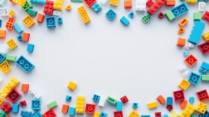 The bricks of different shapes and sizes to show diversity. White background, white space in the center of picture. A pile of colorful blocks scattered all over the place.