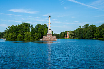 Landscape on the lake in Catherine Park with the Chesme Column