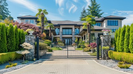 Fototapeta premium Luxury home exterior with a gated entrance and landscaped gardens.