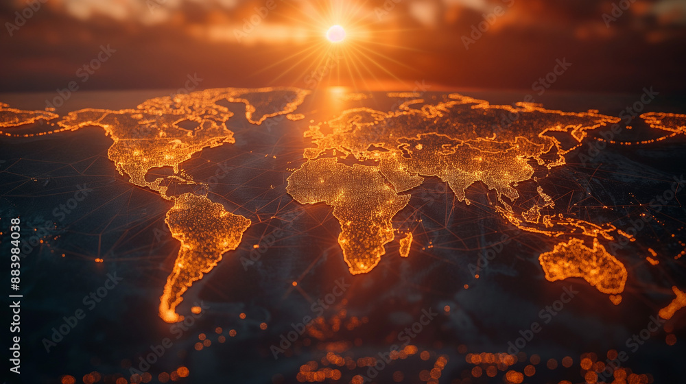 Poster international business concept background with network on map and sunlight.