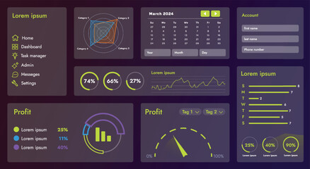 The picture shows the interface of a web application or site, consisting of navigation elements, buttons and various components. Design includes menu, search form, icons and vector graphics.