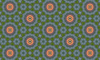 Orange teal green hexagonal pattern with flower illustrations
