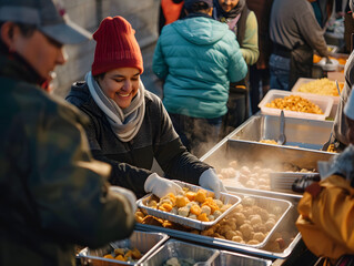 volunteers working handing out food on thanksgiving day