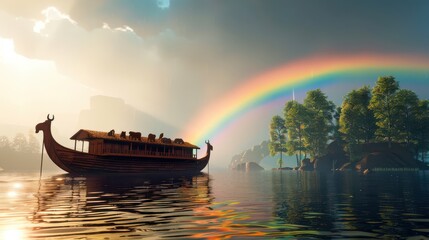 Fototapeta premium Noah's Ark floating in the waters of the Great Flood, with animals visible on board and a rainbow in the background. Perfect for illustrating articles about Noah and God's promise.