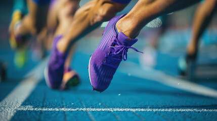 A photograph of an athlete mid-sprint from starting blocks, purple running shoes, blue running track, motion captured in sharp detail