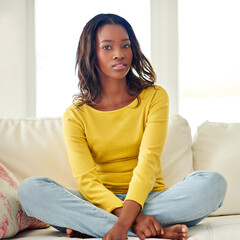 Portrait, black woman and couch for relax in home, weekend and rest in apartment. Living room, calm...