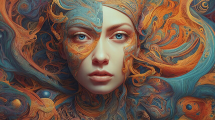 Surreal Abstract and Otherworldly Imagery of a Woman's Face, Psychedelic and Retro-futurism, Background, AI generative.
