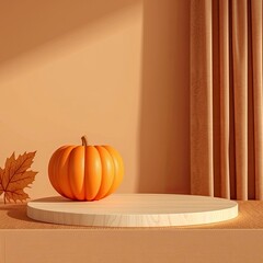 empty podium, empty podium, empty podium empty podium on table for product display, Halloween pumpkin on the left side, generative ai