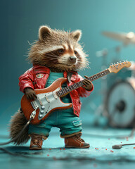 Realistic raccoon in a punk rock outfit, playing a guitar, solid turquoise background