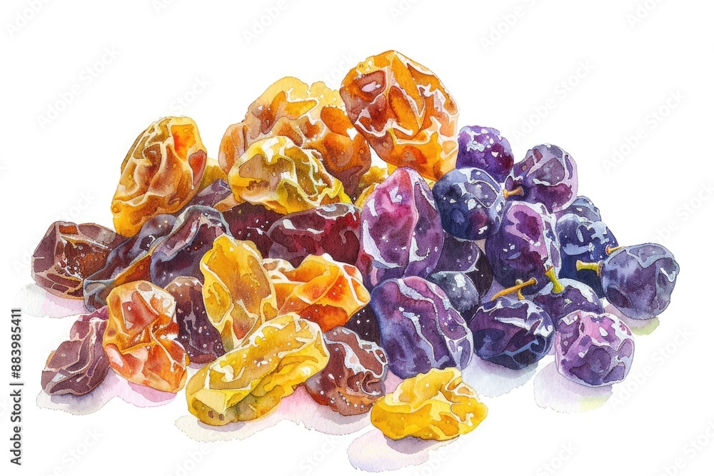 Wall mural Artistic Raisin Collection: Hand Painted Watercolor Illustration of Dried Grapes Heap on White Background