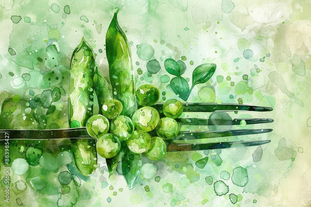 Canvas Prints Artistic Legume Variety with Fresh Peas, Beans, and String Beans on Green Rustic Fork. Organic, Natural, and Healthy Vegetable Salad Illustration