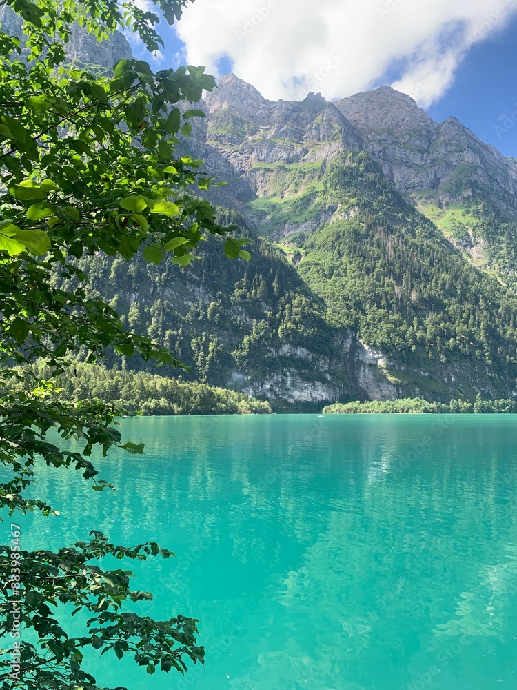 Poster Klöntalersee, Glarus, Switzerland - alpine lake on a sunny day, swiss alps, beautiful idyllic