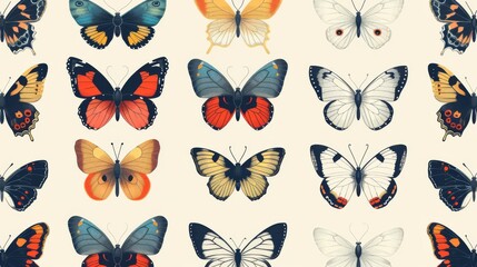 Vintage seamless pattern with hand-drawn colorful butterflies