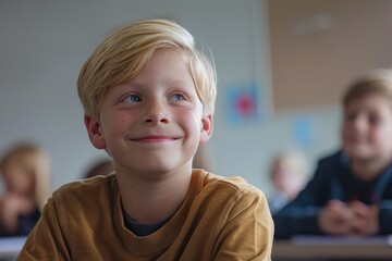 Smiling Blonde Boy in Classroom Setting with Happy Expression