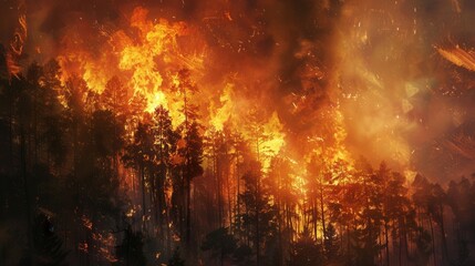 Fototapeta premium Forests on fire, illustrating the impact of climate change, intense scene