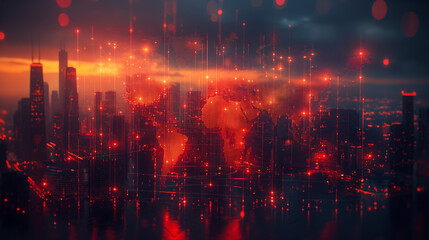 Obraz premium Abstract graphic digital world map hologram with connections on Chicago cityscape background, globalization concept. Multiexposure.
