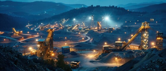 Night view of a gold mining operation with bright lights illuminating the site