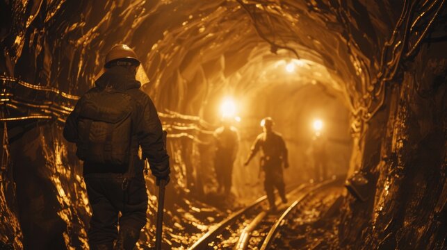Gold miners working in a deep mine shaft, dramatic underground scene
