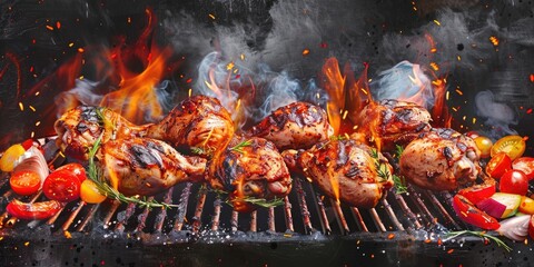 BBQ Chicken and Vegetables on Grill. Watercolor Artwork with Rustic Charcoal Grill, Flames, and Outdoor Cooking Concept
