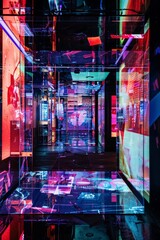 Obraz premium A futuristic, holographic stage with transparent floors and walls, surrounded by floating digital screens displaying abstract art. 