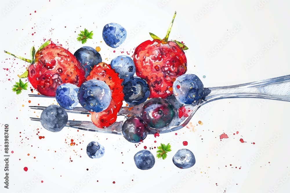 Canvas Prints Colorful Berry Assortment with Arnica and Currant on Fork. Fresh Hand-drawn Watercolor Illustration of Healthy Diet and Organic Ingredients