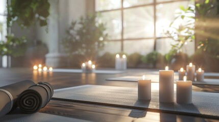 A yoga studio with yoga mats and candles lit.