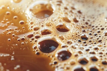 
Close-up of swirling coffee with rich foam and bubbles on freshly brewed coffee surface, gradient background, and ample copy space for text or logo placement 