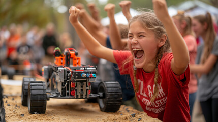 A telephoto angle photo of students testing their robot on a small obstacle course, cheering and making adjustments as needed, capturing excitement and teamwork, with copy space