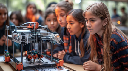 A telephoto angle photo of students gathered around a 3D printer, watching as it creates parts for their robot, demonstrating the integration of technology and innovation, with cop