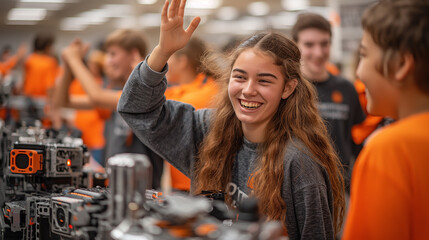 Naklejka premium A telephoto angle photo of students celebrating after their robot successfully completes a task, high-fiving and smiling, capturing the joy of achievement and teamwork, with copy s